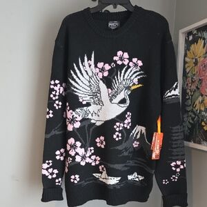 RGSTR Black Eclectic Style Sweater with Pink Crane Design Mens Size XL NWT
